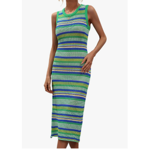 Mansy Womens Swimsuit Cover Up Sleeveless Knit Summer Outfits Swimwear Bathing Suit Coverup Crochet Beach Striped Dress, Size Medium