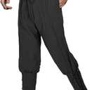 Men's Pirate Pants Renaissance Medieval Viking Pants Linen Ankle Banded Trousers Halloween Costume (Large, Z3707bk)