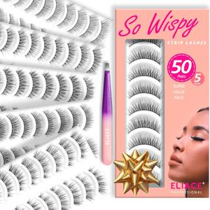 Eliace Luxurious 50 Pairs 5 Styles Cat Eye Lashes Wispy False Eyelashes Natural look 3D Mink Lashes Fake Eyelashes Kit, Thin Soft Band Comfortable Fluffy Volume Cross Strip Lash, with Lash Tweezers
