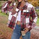 Womens Cropped Flannel Shacket Plaid Button Down Shirts Jackets Long Sleeve Coat Tops Fall Clothes Fashion Outfits (M)