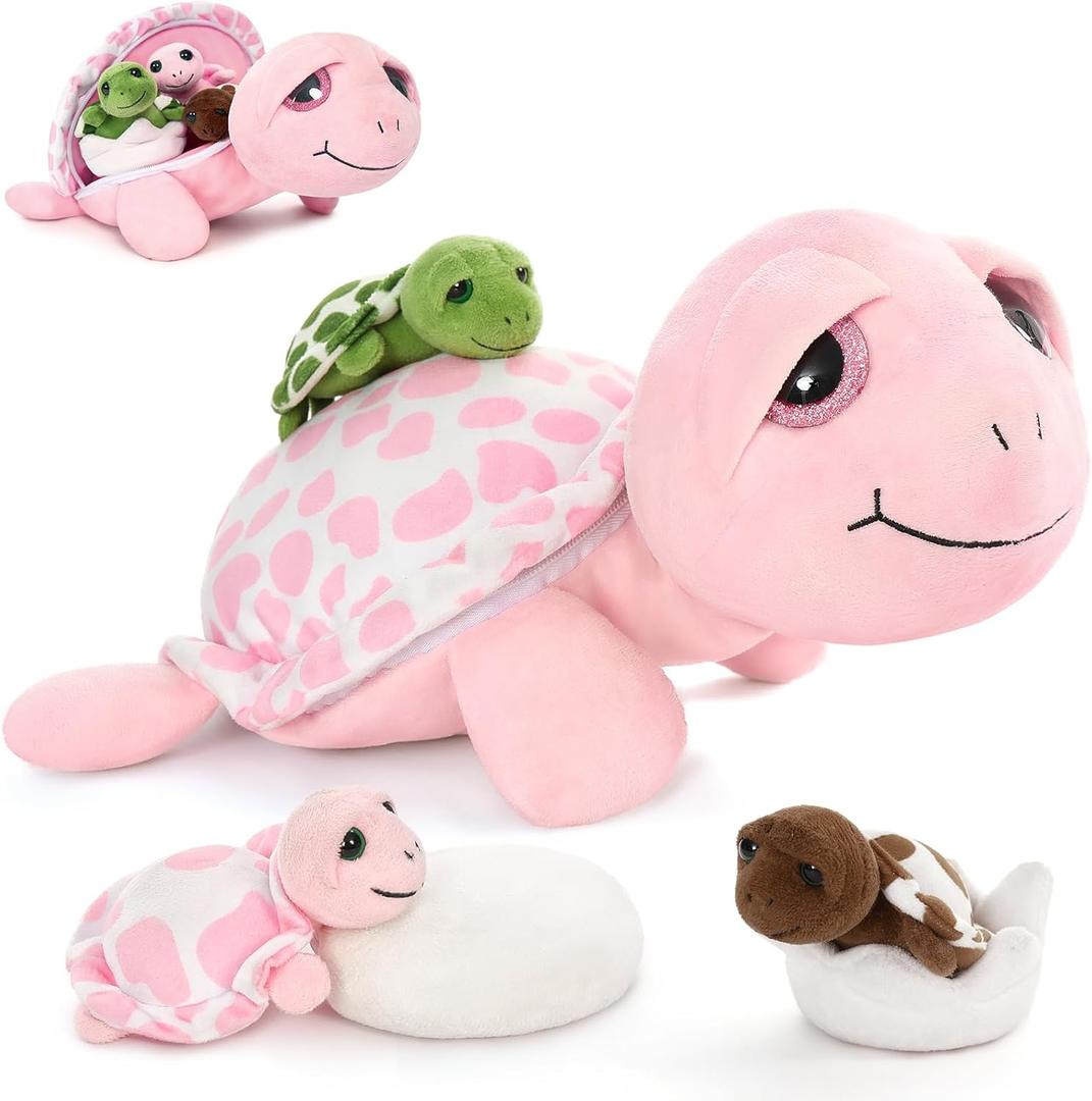 MorisMos Sea Turtle Stuffed Animal with Babies,14 in Mommy Turtle with 3 Baby Turtles Toys, 2 Plush Eggs inside Belly Pouch,Big-Eyed Stuffed Animal for Toddlers Kids,Pink Tortoise Gifts for Girls Boys