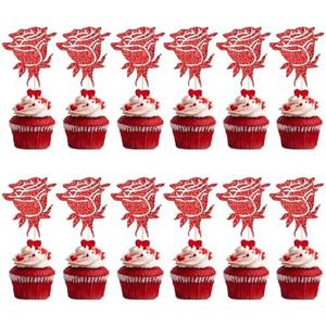 YQLXDHBD 12 Pcs Red Rose Flower Dessert Cupcake Topper，Birthday Mother's Day Valentine's Day Wedding Birthday Party Cake Decorations Supplies