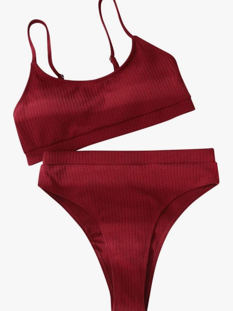 Bikini Swimwear Splicing Women Sexy Strap Solid Swimsuit Two-Piece Bathing Two Piece Shorts Swimsuits for Women (Red, M)