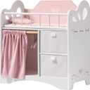 ROBOTIME Baby Doll Crib, Wooden Doll Bed, Toy Baby Crib with Storage, Bedding, and Wooden Hooks, Doll Crib Fits Dolls up to 21", Doll Furniture for American Girls Ages 3+ (Pink)