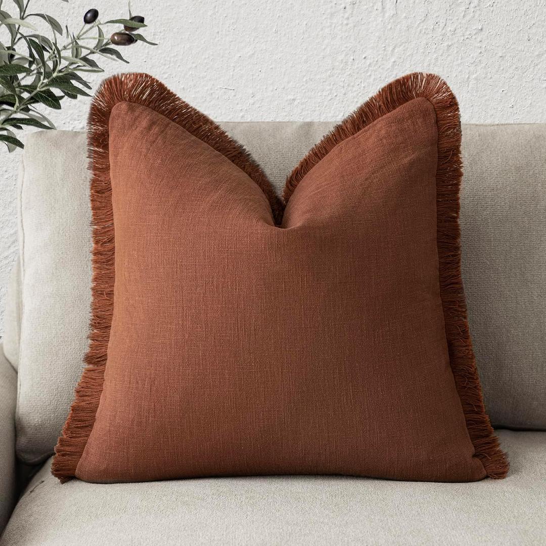Foindtower Decorative Linen Fringe Throw Pillow Covers Cozy Boho Farmhouse Cushion Cover with Tassels Accent Pillowcase for Chair Sofa Bed Living Room Home Decor, 2626 Inch, 1PC,Fall Rust Orange (Late Autumn)