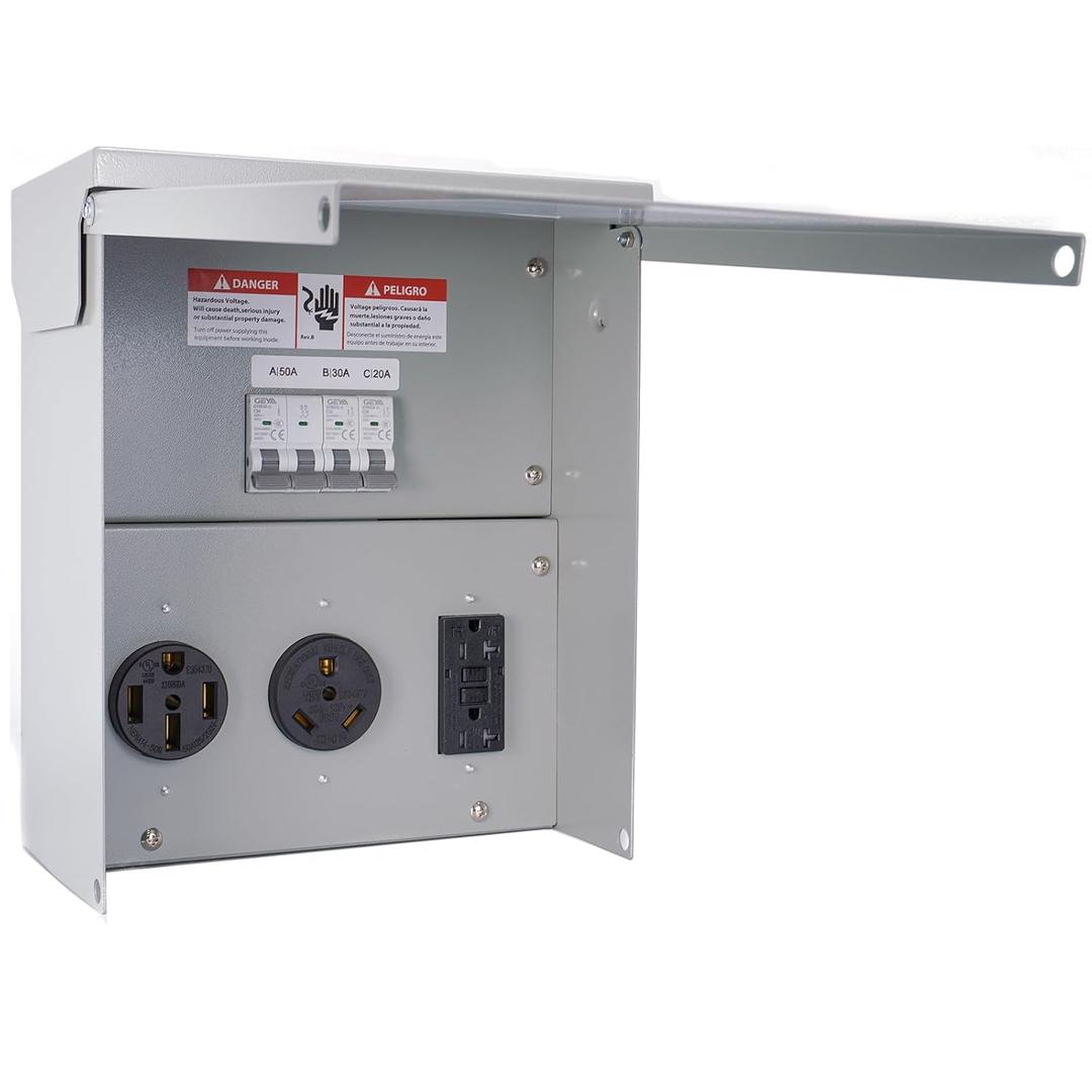 Temporary Electrical Power Outlet Panel Weatherproof RV Receptacle Box with 30 50 Amp Breaker GFCI Outlet 20 Amp Outdoor Panel for RV Camper Car Travel Generator Motorhome (50Amp+30Amp+20GFCI-2)