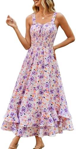 GRACE KARIN Women's 2025 Summer Floral Boho Dress Square Neck Strapped Swing A Line Sundress Beach Long Maxi Outfits, Size: L