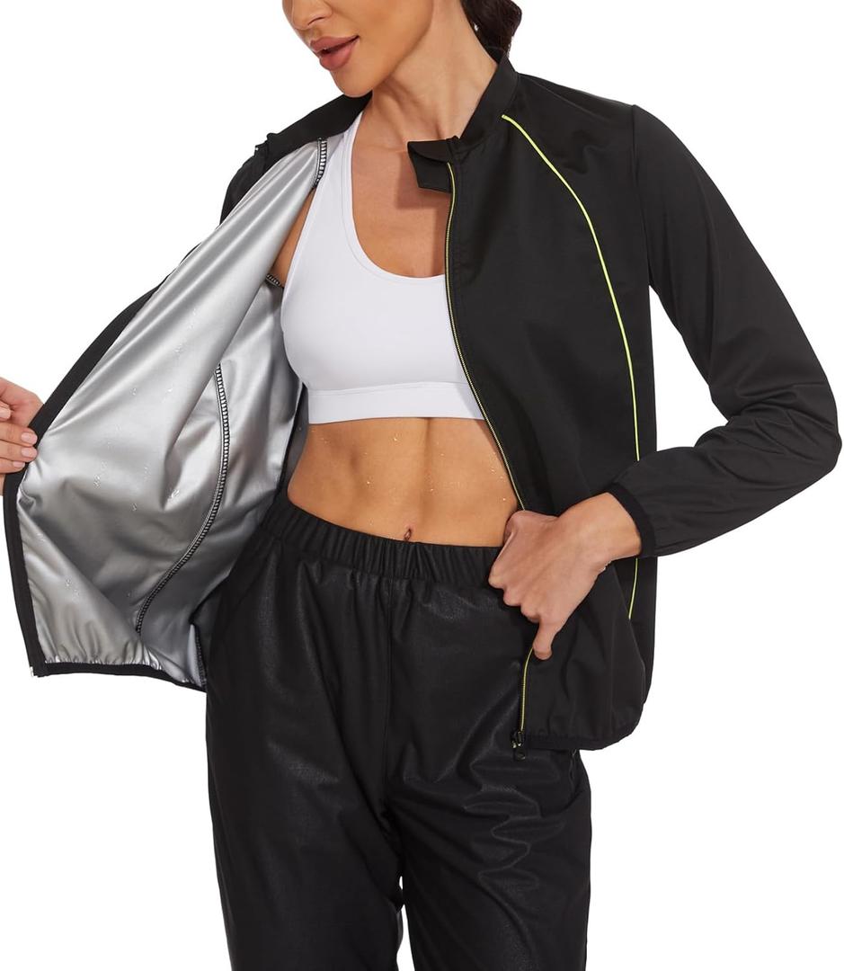 LAZAWG Women Sauna Suit Sweat Shirt Long Sleeve Sweat Jackets for Fitness Gym Running Exercise Slimming (Small, Black-5151)