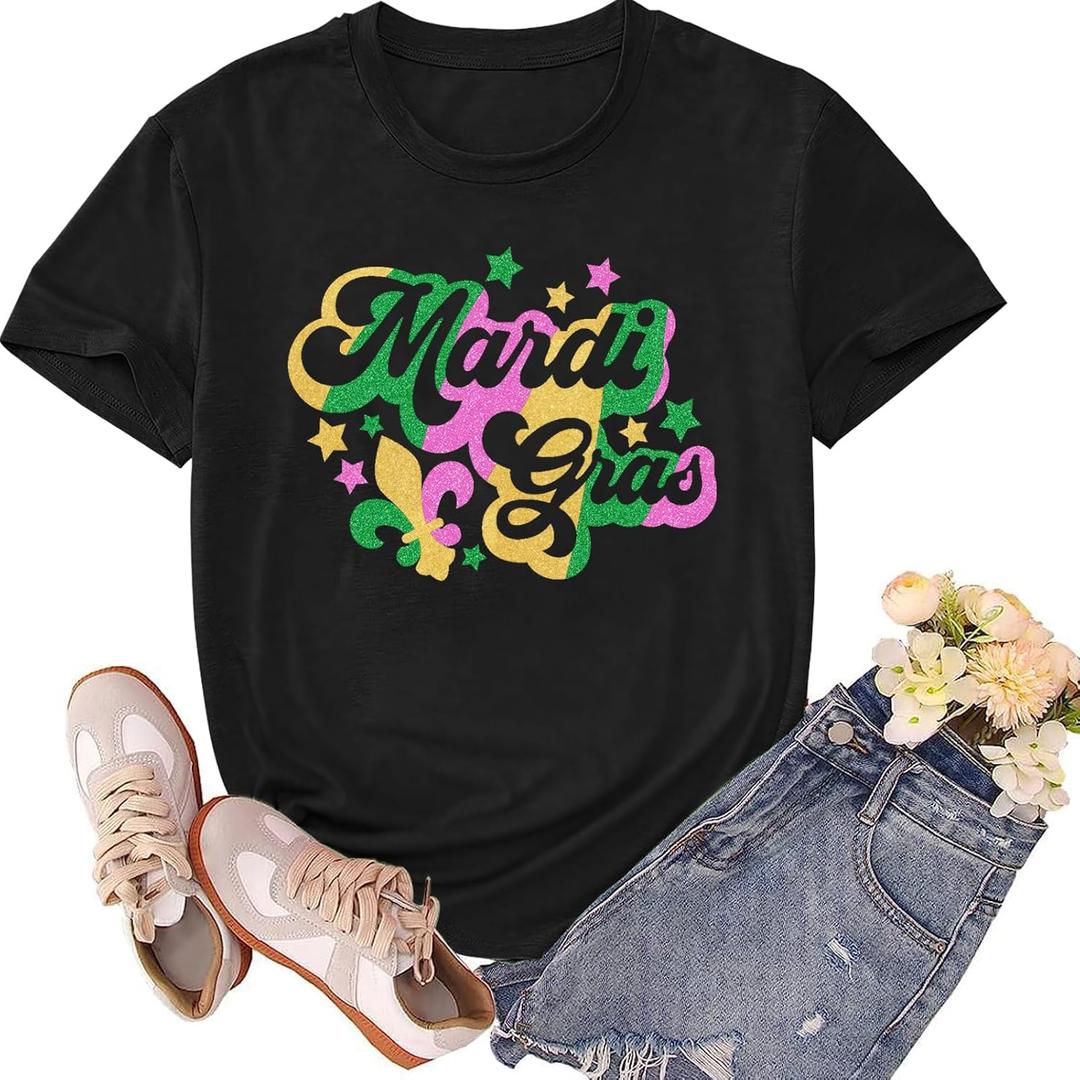 Mardi Gras Shirts for Women Fat Tuesday Tshirts New Orleans Carnival Party Fleur De Lis Tee Tops (Black, L)