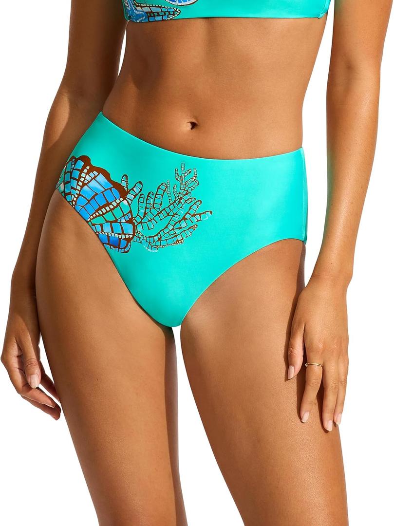 Seafolly Women's Standard High Waisted Full Coverage Low Legline Bikini Bottom (12, La Mer Aquatic Blue)