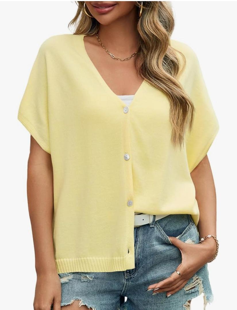 JUHEE Womens Oversized Summer Cardigan Tops Lightweight Going Out Cap Short Sleeve Button V-Neck Knit Casual Sweater Shirts , Extra Large, Yellow