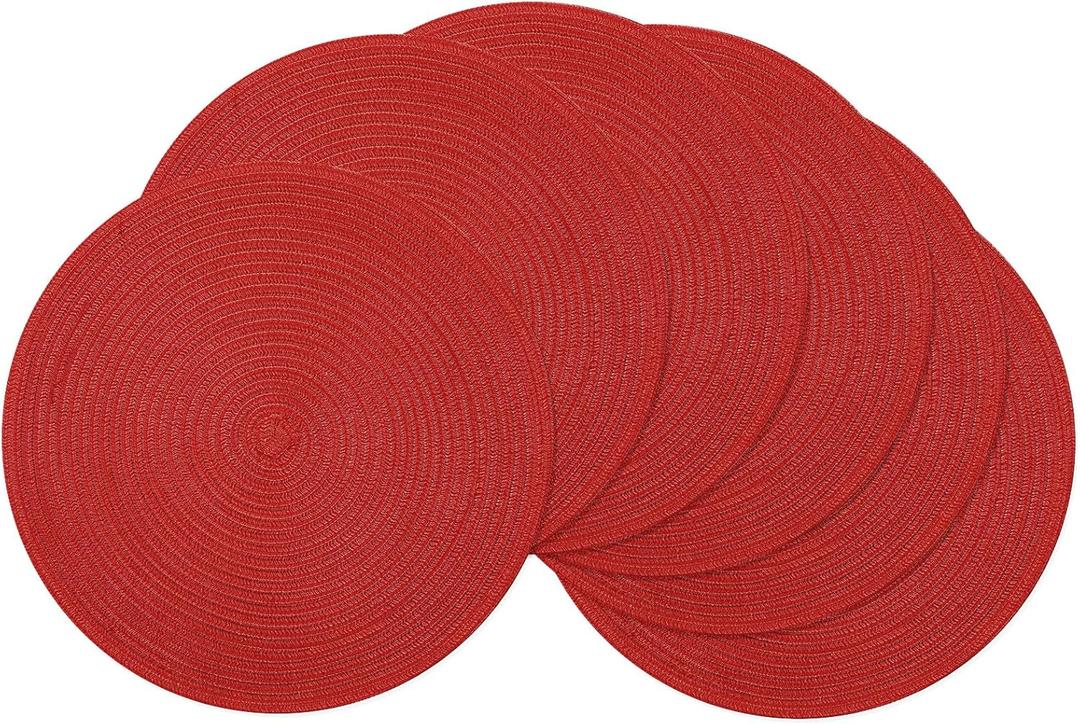 SHACOS Round Placemats Set of 6 Braided Cotton Polyester 15 inch Washable Place Mats for Dining Tables Christmas Table Mats Home Wedding Party Table Decor (Red, 6)