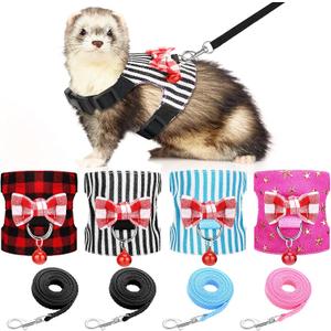 4 Pieces Ferret Harness and Leash Set Ferret Leash Small Pet with Cute Bowknot and Safe Bell Decor Chest Strap Harness for Outdoor Walking Rabbit Guinea Pig Bunny Hamster Puppy Kitten(Small)