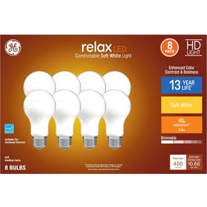 GE Relax 8-Pack 40 W Equivalent Dimmable Warm White A19 LED Light Fixture Light Bulbs 44898