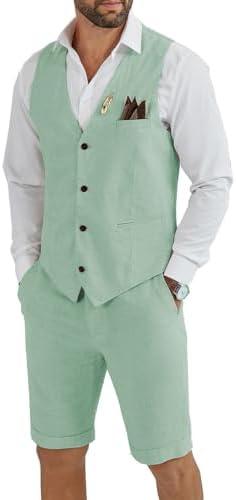 Tiefony Men's Linen 2 Piece Suit Slim Fit Wedding Groom Groomsmen Summer Vest Shorts Set, Gray, Medium