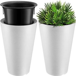 Set of 2 Tall Outdoor Planters 12 x 18 Inch Large Resin Outdoor Planters for Front Porch Flower Round Floor Decorative Indoor Pots with Drainage(White)