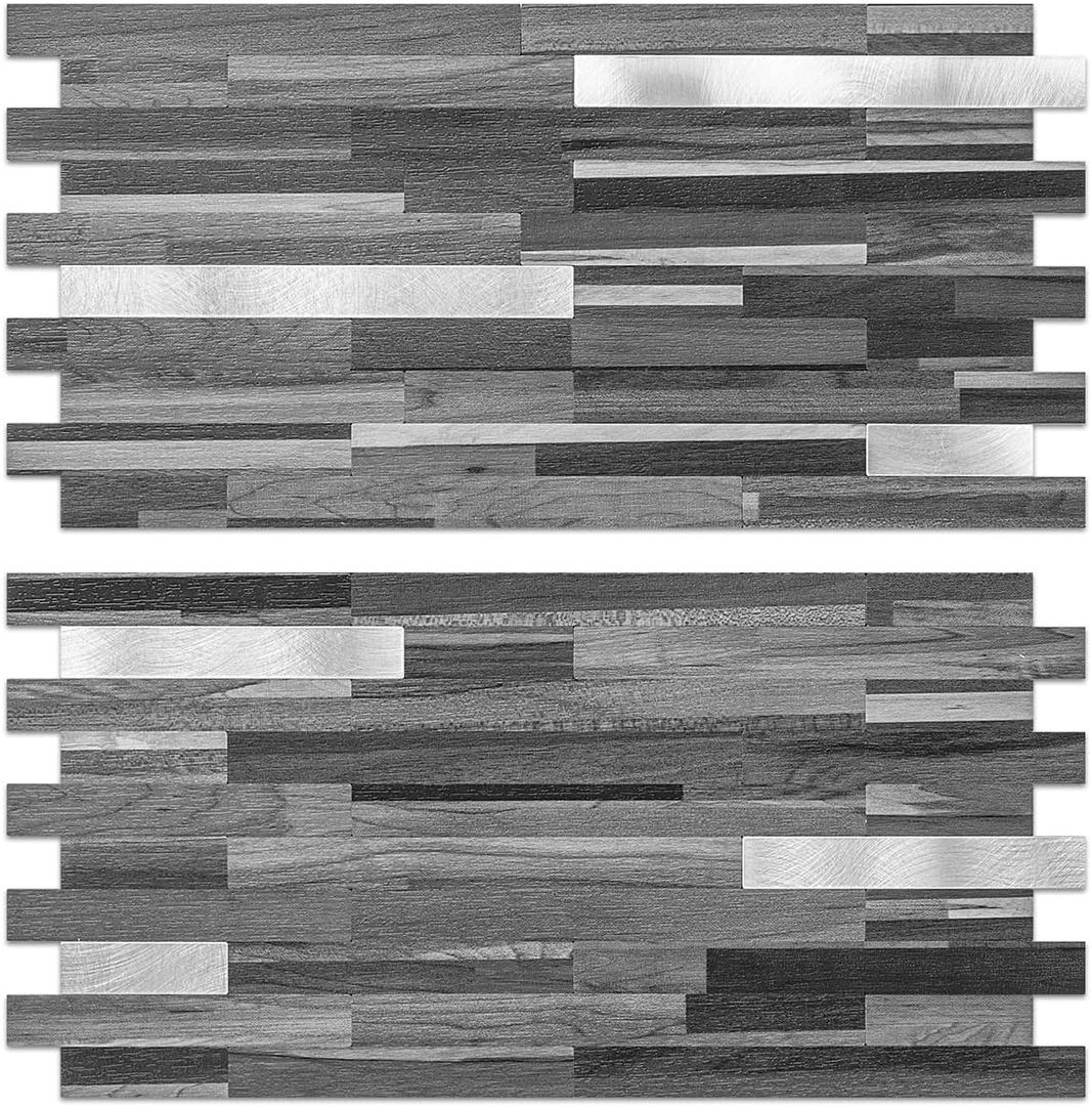 AULIGET 20 Sheets Peel and Stick Backsplash, Black & Grey Wood Look PVC Mixed Metal Stick on Backsplash Tiles for Kitchen