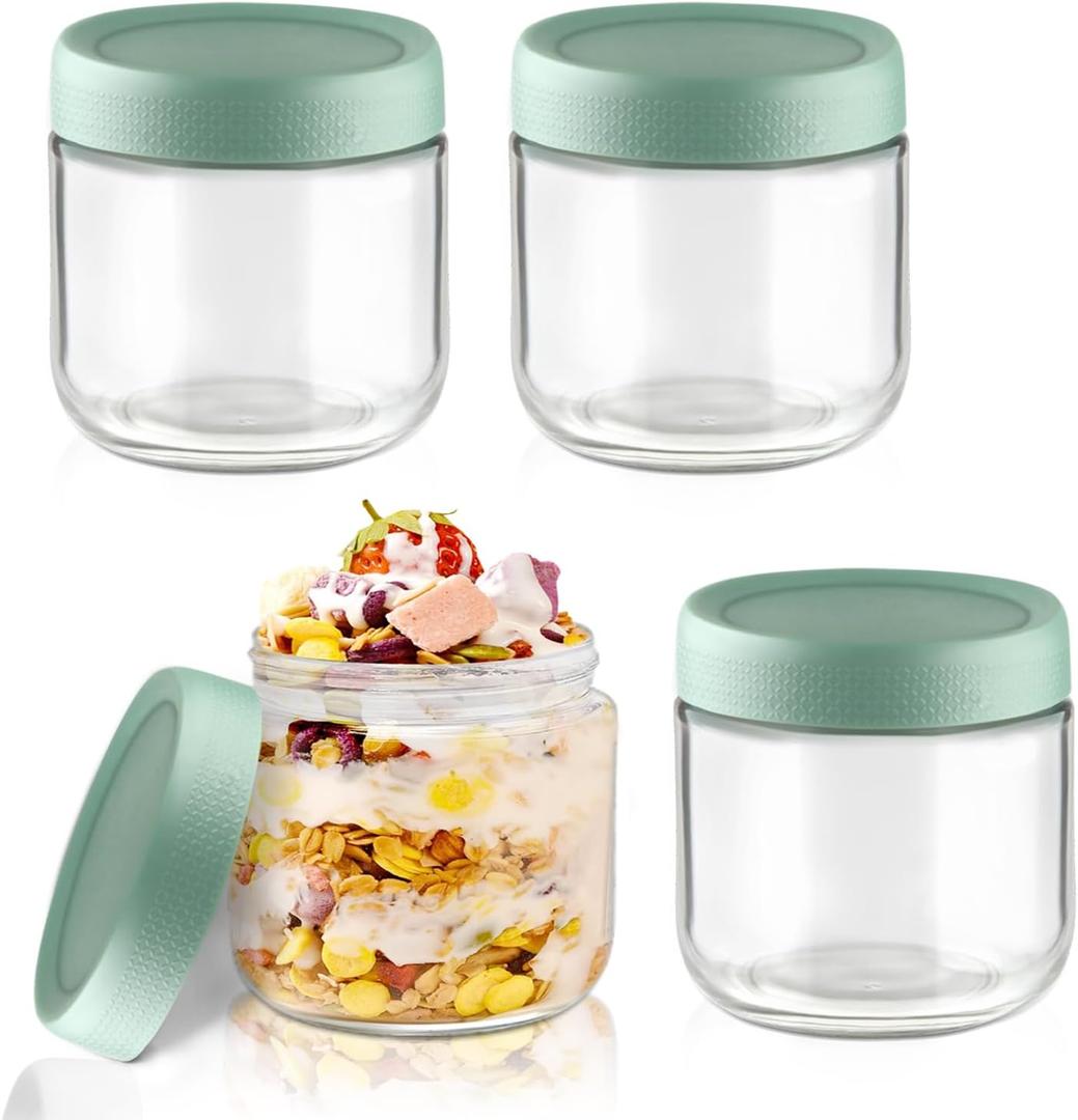 300ml/10oz Overnight Oats Container with Green Screw Lids 4Pcs Wide Mouth Glass Food Jars Airtight Yogurt Bottle for Salad Dressing Fruits Jam Candy Cookies Snacks
