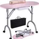Joligrace Professional Foldable & Portable Manicure Table Nail Technician Desk Workstation 4 Lockable Wheels with Drawer Client Wrist Pad Free Carrying Bag Travel Nail Tech Spa Beauty Table Pink, 40 cm x 90 cm x 68 cm