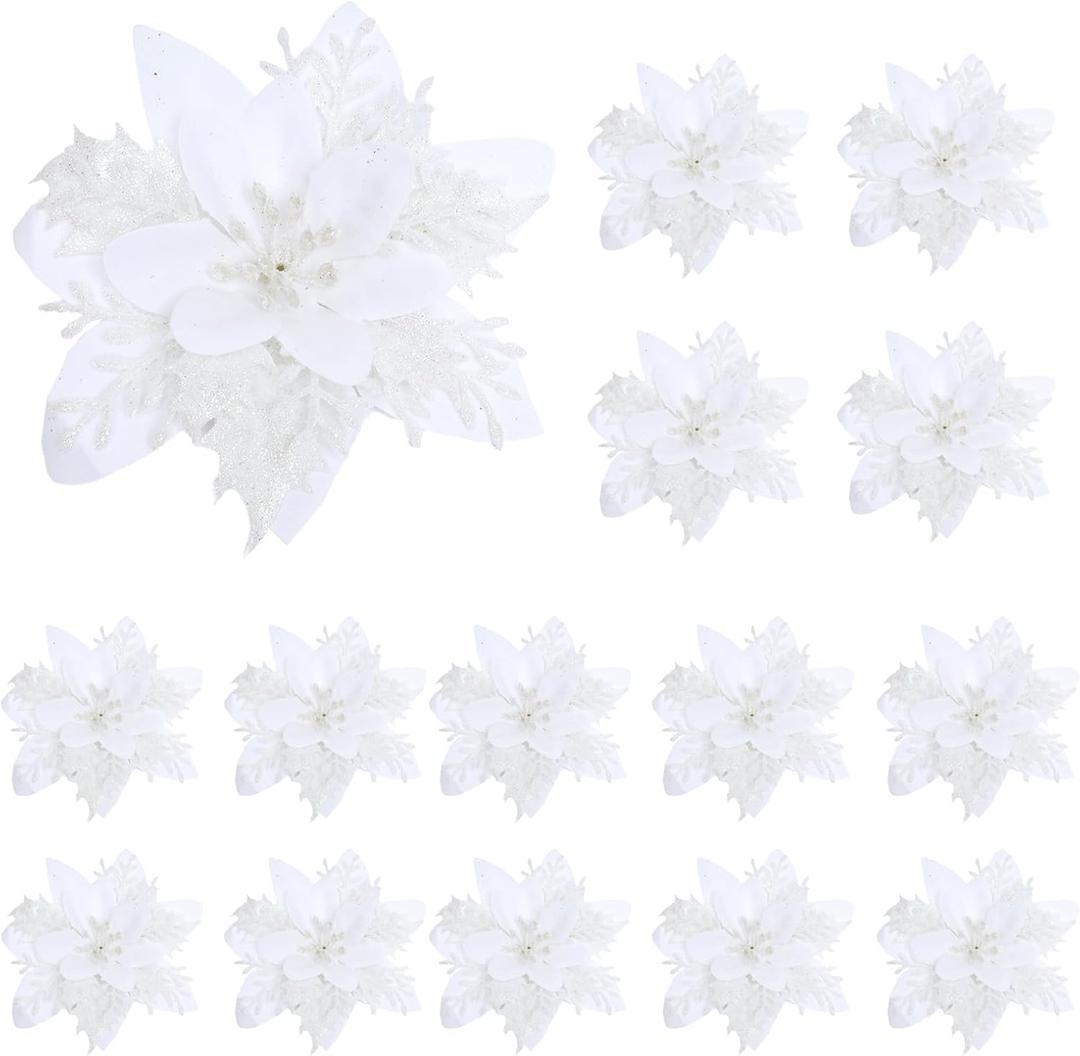 Fumwase 15PCS Christmas Flowers Artificial Poinsettia Glitter Decorations with Clips and Stems DIY Christmas Ornaments for Christmas Tree New Year Wedding Party (Blue)