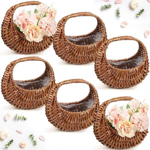 Hushee 6 Pcs Small Flower Girl Basket Small Wicker Basket with Handle and Waterproof Lining 6.7 x 6.5 x 4.3 Inch Rattan Tiny Easter Baskets for Wedding Flowers Sweets Gifts Picnic Storage Home Decor