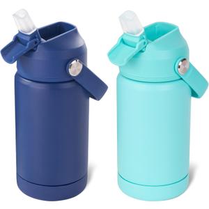 Kerilyn 12oz Kids Water Bottle 2 Pack, Stainless Steel Insulated Water Bottle Bulk, Toddler Cups with Straws LeakProof, Kids Water Bottles for School Boys Girls, BPA Free, Blue+Green 2 Piece Set