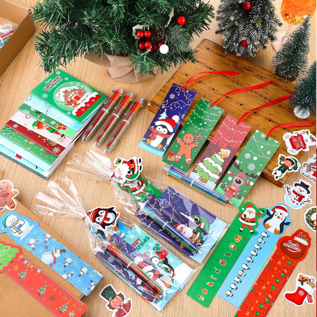 12 Set/384 Pcs Christmas Stationery Party Favors Bulk Christmas Classroom Gifts Include 6-in-1 Multicolor Ballpoint Pen Bookmarks Ruler Notebook for Stocking Stuffers Xmas Exchange Gift Prize