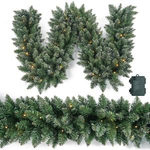 Christmas Garland 9 Ft by 12 Inch Prelit Fraser Fir Xmas Garland with 50 LED Lights, Real Like Lush and Classics Green Style for Indoor Outdoor Home Decoration (Brief-Snowy_Battery)