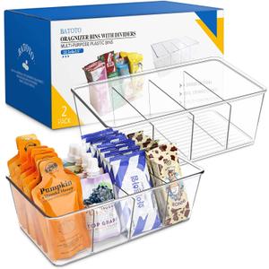 Batoto Pantry Organization and Storage Bins, Refrigerator Organizer Bins  Clear, Kitchen Organization and Storage with Dividers (2 Pack) (medium-sized, lucency)