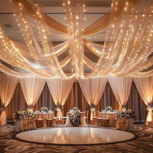 6 Panels Champagne Ceiling Drapes with Lights for Wedding 5ftx30ft Photo Backgrounds Sheer Curtains Drapery Decorations for Party Ceremony Stage Swag