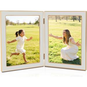 5x7 Double Picture Frame with White Enamel Finish, Gold Edge Metal Hinged Photo Frames, Real Glass Front Velvet Back, Display for Wall and Tabletop, Ideal for Wedding Couple Family Photos