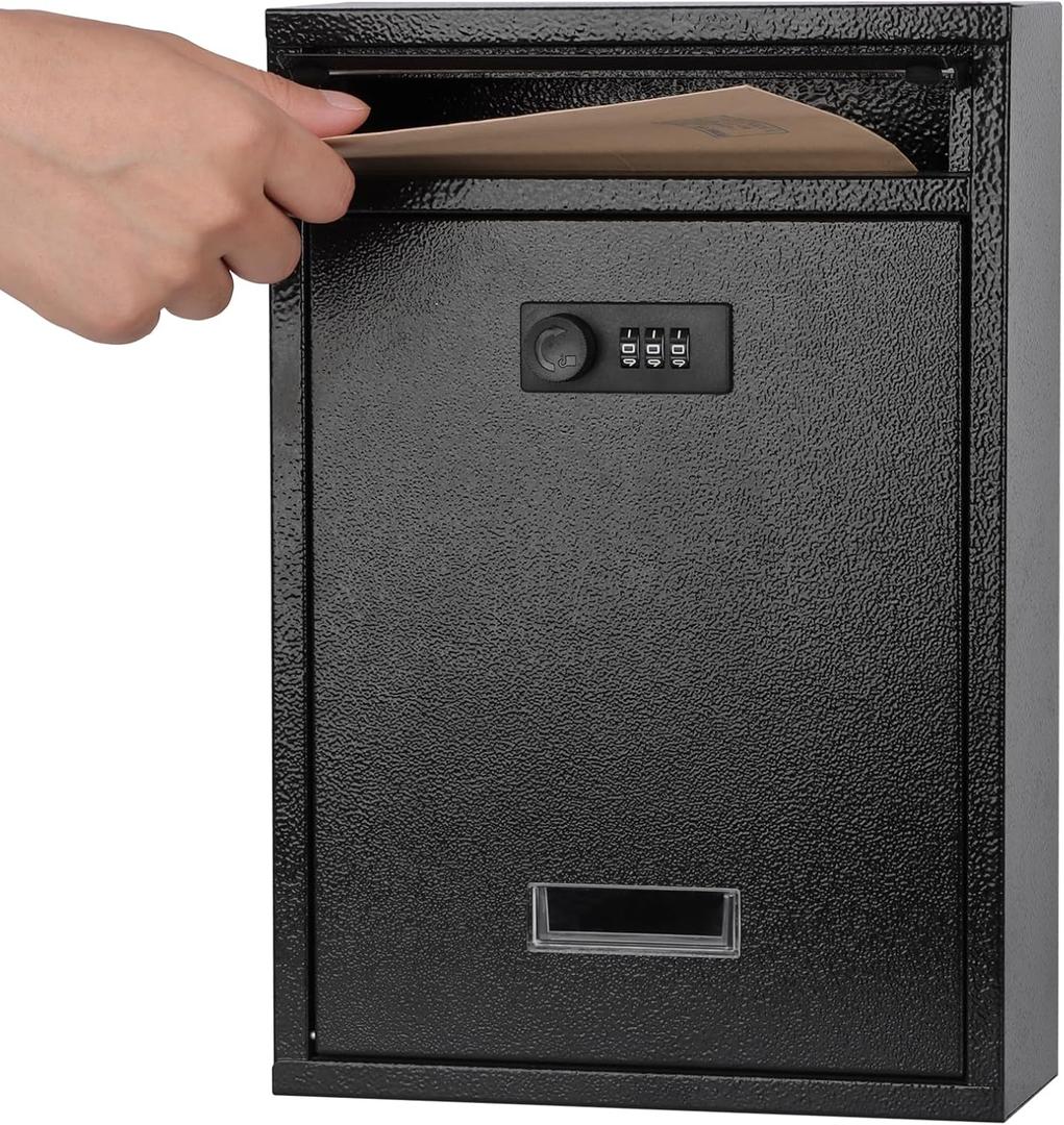 KYODOLED Locking Wall Mount Mailbox, Mail Boxes with Combination Lock for Outside, Security Cash Key Letter Drop Box with Code for House Office School,12.4H x 8.54L x 3.35W Inches, Black