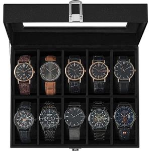 SONGMICS Watch Box, 10-Slot Watch Case with Large Glass Lid, Removable Watch Pillows, Watch Box Organizer, Gift for Loved Ones, Black Synthetic Leather, Black Lining