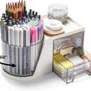 Rotating Desk Organizer with 2 Drawer, Pencil Pen Holder for Desk, Desk Organizers and Accessories with 4 Compartments + Drawer for Office Home Art Supplies (White)