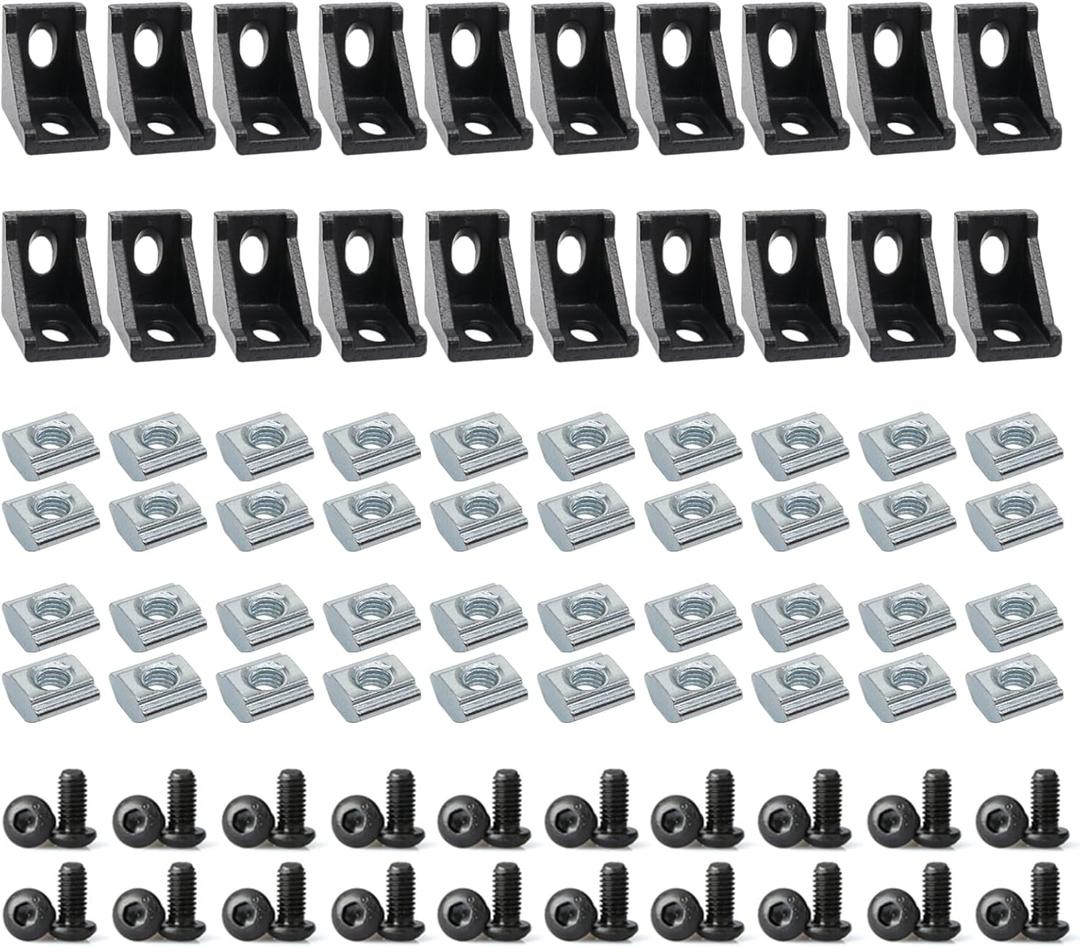 20 Sets 2020 Aluminum Extrusion T Slot Corner Bracket 20 Series Extruded Hardware 90 Degree Right Angle Connector with M6 Bolts Nuts for 20/20 80 20 2040 T V Slot Black Aluminum Profile