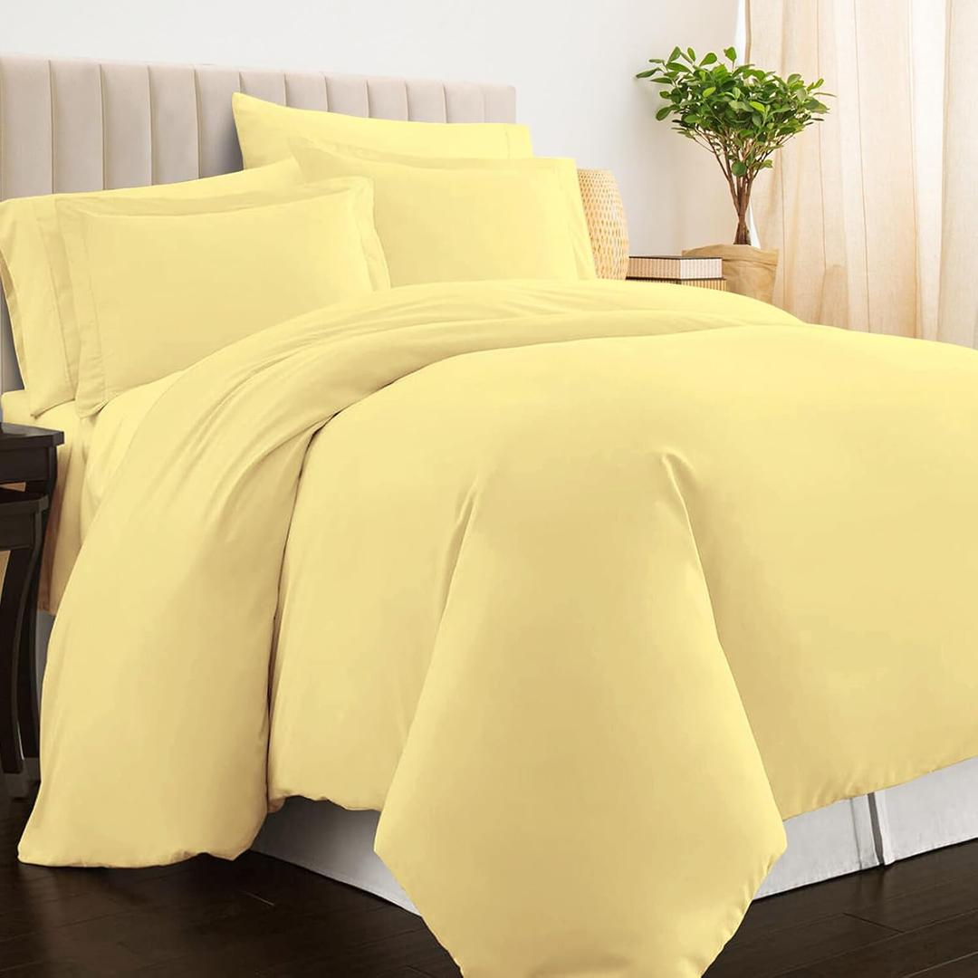 Pizuna Pure 100% Cotton Queen Duvet Cover Set, Luxurious 400 Thread Count Long Staple Cotton Sateen Weave with Button Closure (Combed Mellow Yellow Cotton Duvet Cover Queen)