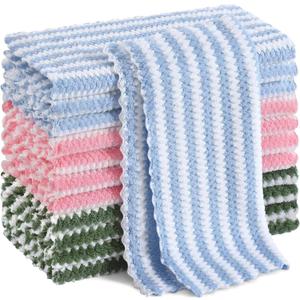 Homaxy 12 Pack Kitchen Dish Cloths, Ultra Soft and Absorbent Dish Towels, Reusable Fast Drying Microfiber Cleaning Cloth, Coral Velvet Wave Design No-lint, 10 x 10 inches, Blue/Pink/Grass Green