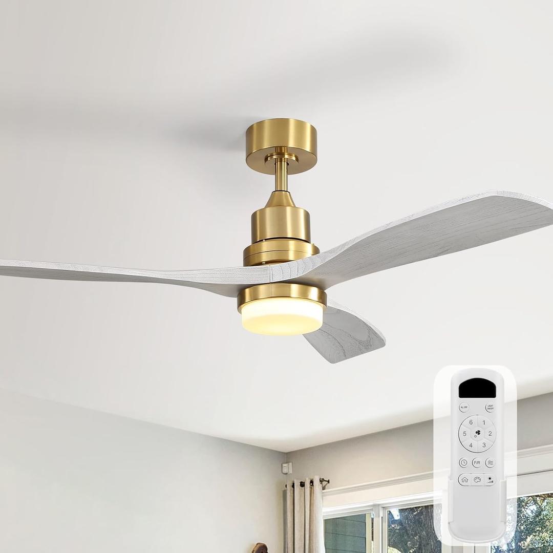 Sofucor 52 Inch Ceiling Fan with Lights and Remote Control-Modern Solid Wood Blade Ceiling Fan for Bedroom Living Room Indoor Outdoor Farmhouse Patio, Quiet DC Motor, Grey Gold