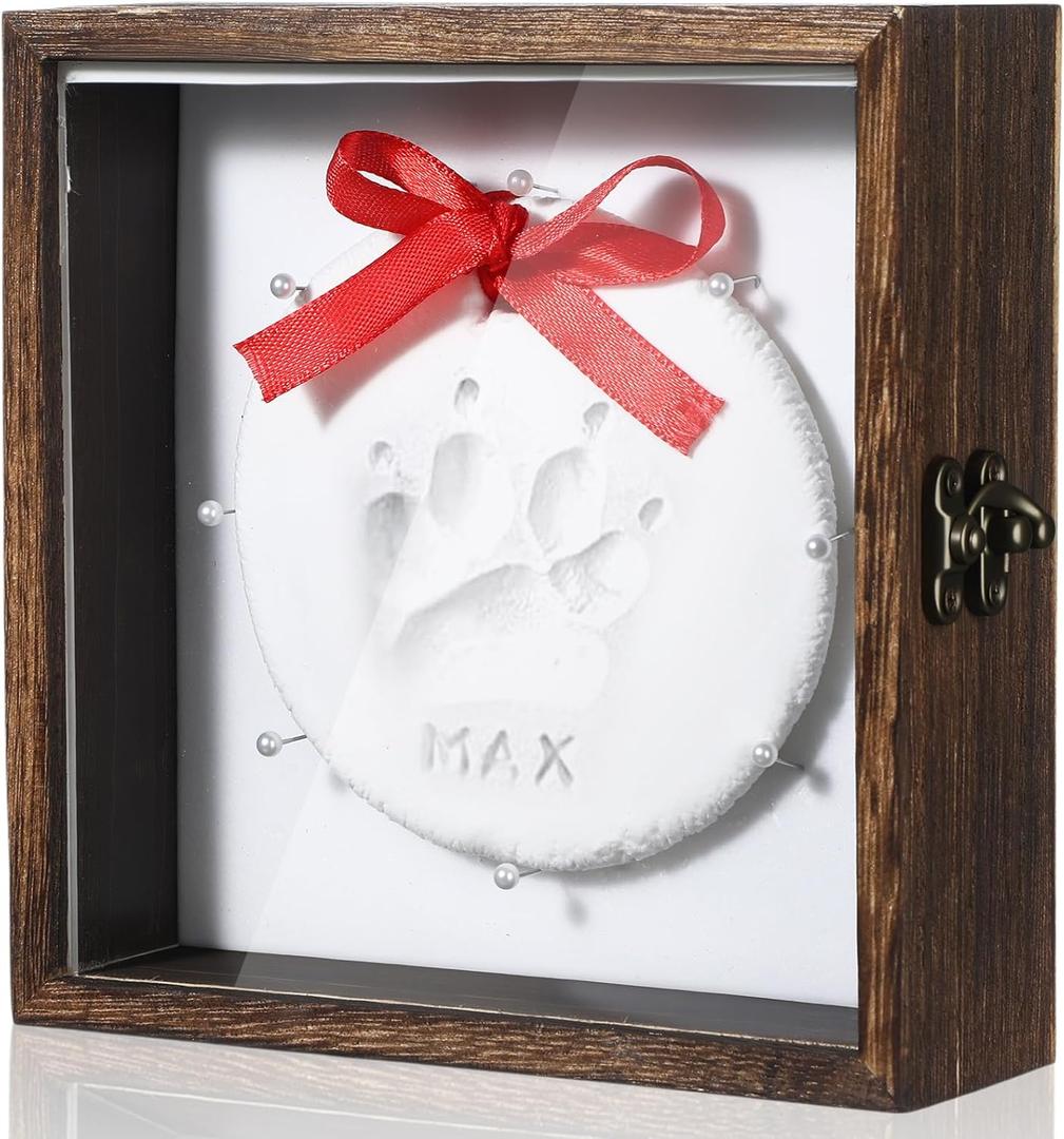 Chunful Dog Memorial Shadow Box with Paw Print Kit 5.9'' x 5.9'' Customized Clay Impression Kit Wooden Keepsake Display Case Pet Ornament New Year Gifts for Pet Lovers Dog Cat DIY Ornament