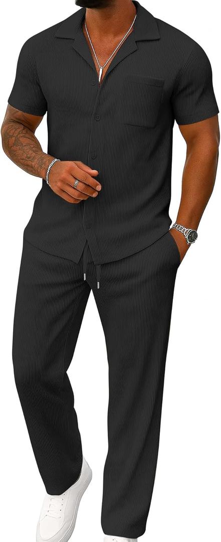 UOUA Mens Summer 2 Piece Set Casual Outfits Button Short Sleeve Shirt & Loose Pants Textured Striped Tracksuit Walking Suits (Classicblack, Large)