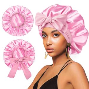 2Pcs Satin Silk Hair Bonnet for Sleeping Women,Large Bonnets with Elastic Wide Tie Band Silk Sleep Cap,Hair Wrap Night Cap with Adjustable Straps for Black Women Curly Hairs Jumbo Bonnet Braid - Pink