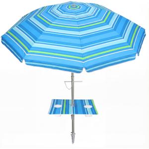 PASAMIC 7ft Beach Umbrella for Sand Featuring a 23'' Built-in Table with Sand Anchor & Tilt, UPF 50+ Protection Beach Umbrellas for Heavy Duty Wind Portable with Carry Bag and Hook, Light Blue Stripes