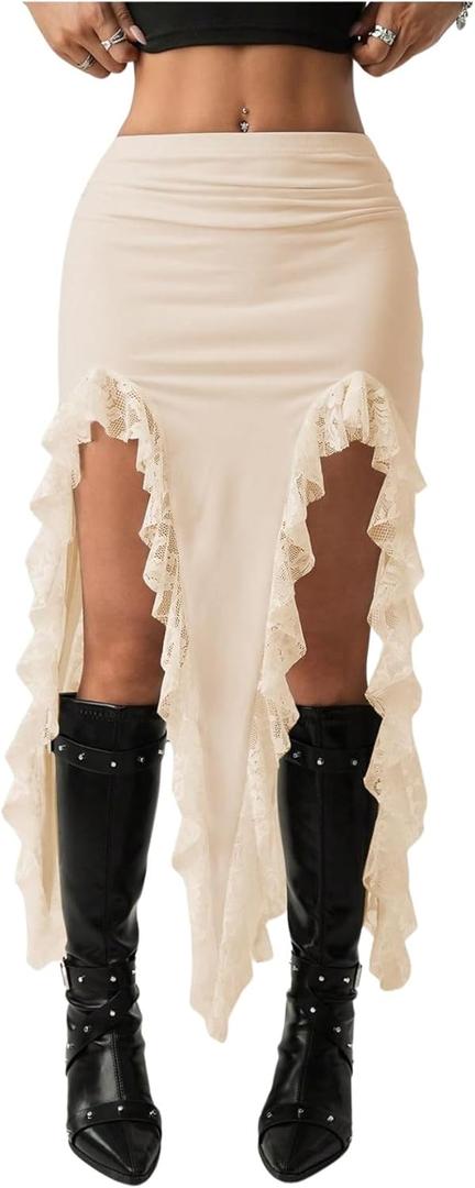 Verdusa Women's Lace Asymmetrical Skirt High Slit Boho Western Flowy Skirt Concert Rave Outfits (Beige, S)