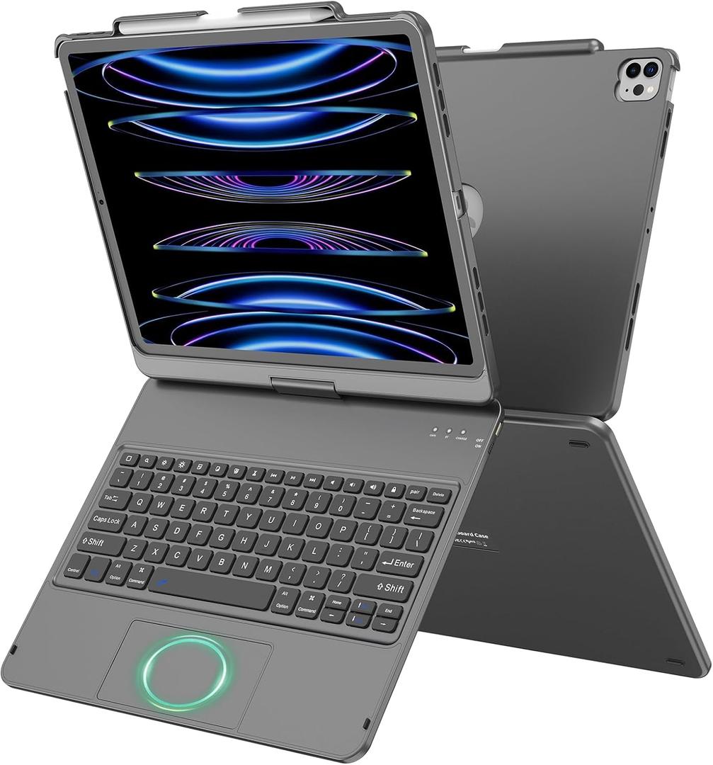GGH Touch for iPad Keyboard Case Air 13 (M3 2025 / M2 2024) &12.9 iPad Pro (6th,5th,4th, 3rd Gen),180 Rotatable Protective Cover Multi-Touch Trackpad Keyboard Case with Pencil Holder - Grey