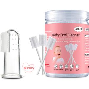 EASICUTI Baby Tongue Cleaner, 42Pcs Disposable Infant Toothbrush, Gauze Gum Cleaner Baby Oral Cleaning Stick Dental Care for 0-36 Months + Free 1 Finger Toothbrush