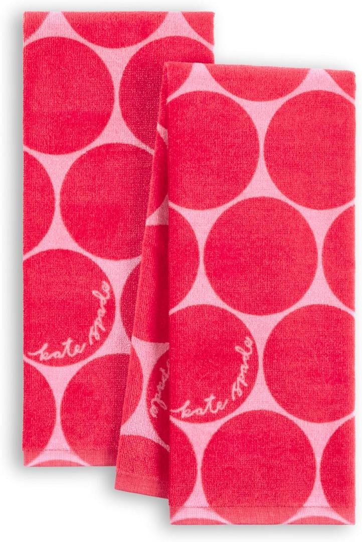 Kate Spade New York Joy Dot Kitchen Towels 2-Pack Set, Absorbent 100% Cotton Velour, Red/Rose Pink, 17"x28"
