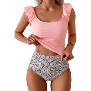 Eomenie Tankini Swimsuits for Women Ruched Tummy Control Bathing Suits Two Piece Swim Tank Top with High Waisted Bottom, Light Pink, XL
