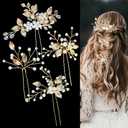 4 PCS Bridal Hair Pins Gold Leaf Crystal Floral Pearl Headpiece Vintage Flower Wedding Hair Accessories for Brides Bridesmaids Women Girls