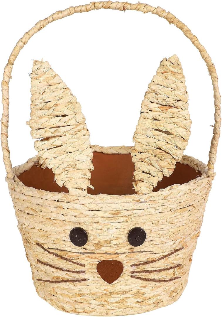 Juegoal Easter Bunny Woven Basket for Party Favors, Handmade Straw Wicker Easter Candy Eggs Baskets for Kids, Dia.9.8 x 13.8 Inch Cute Rabbit Picnic Hamper for Egg Hunt Party Gifts Toy Storage