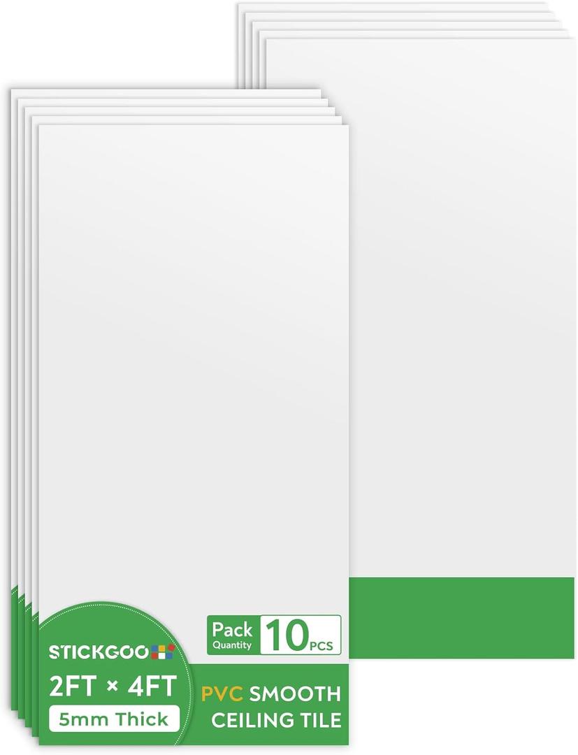 STICKGOO Drop Ceiling Tiles 2ft x 4ft, White PVC Ceiling Panels, Soomth Ceiling Tiles 24 x 48in, Waterproof - Fire-Rated to Prevent Breakage Cover 80 Sq. Ft, Pack of 10 Tiles (10 Pack of 2ft x 4ft)